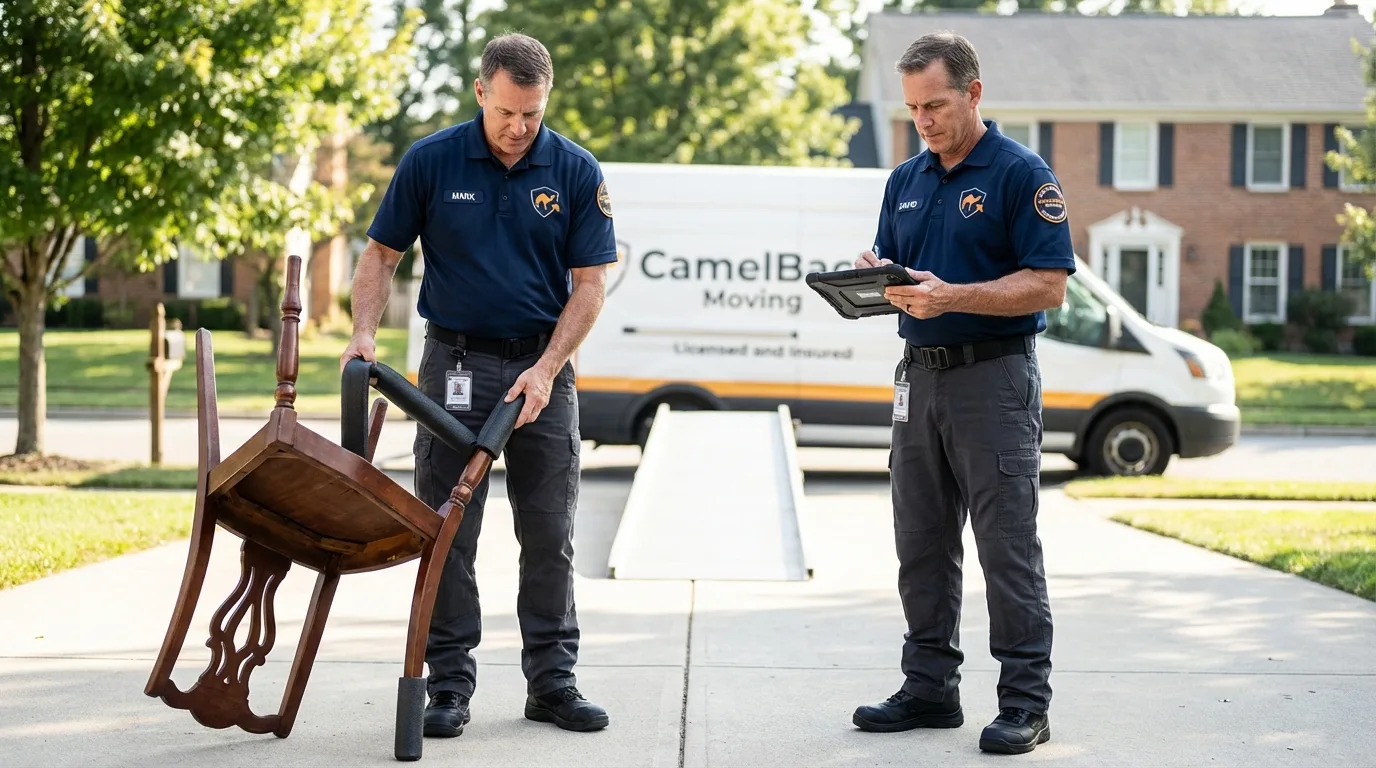 Movers inspecting furniture for damage prevention before loading in Guyton, GA
